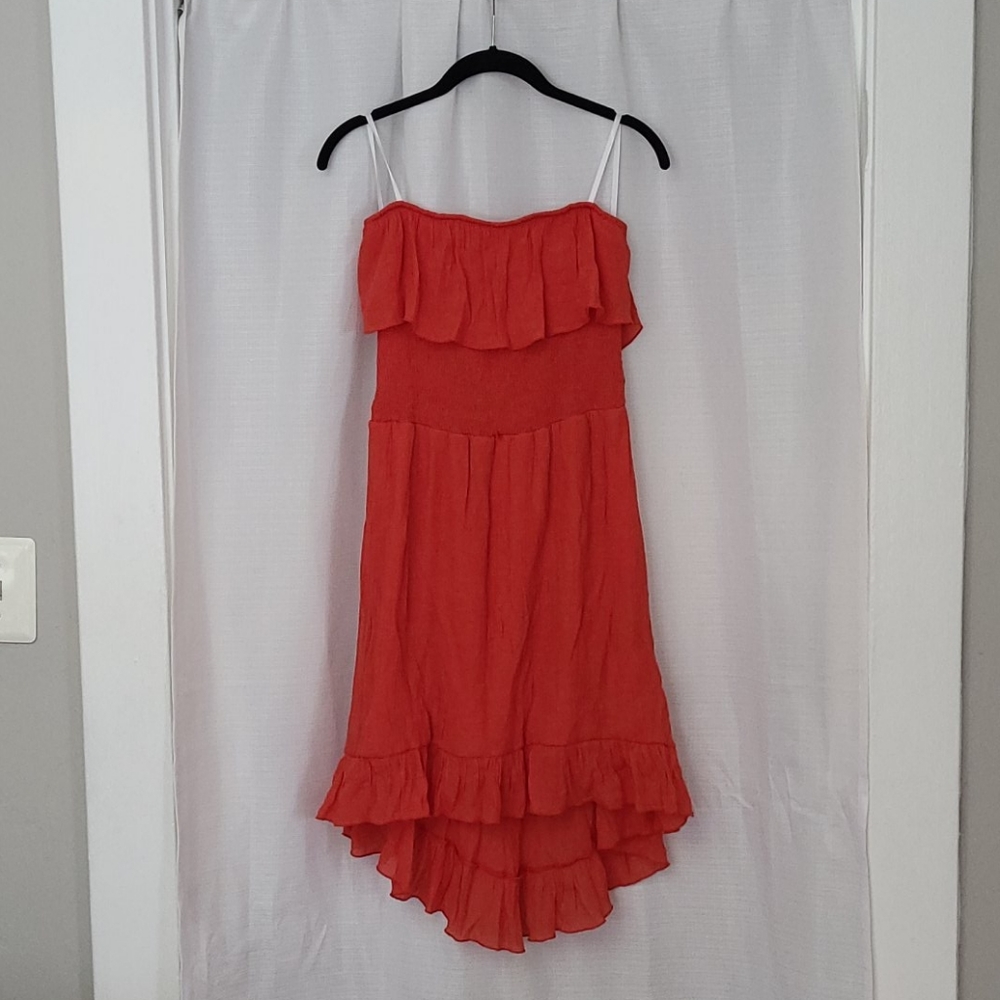 Red-orange strapless hi-low dress
